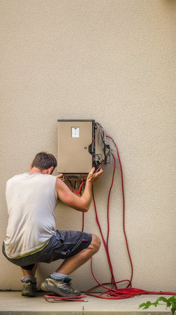 Electrician installing wiring for electrical panel on exterior wall of house. professional technician working with equipment and tools. Professional maintenance, setup cables building wiring secure connection technician electrical work repair service engineering.の写真素材