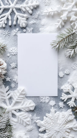 Blank white paper surrounded by snowflakes and snow. winter holiday. greeting card. Christmas promotions. Top view, mockup for text and design with copy space area. New year winter holiday, banner template. inviting festive messagesの写真素材