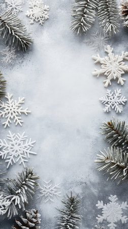 Winter holiday background with snowflakes and fir tree branches on frosty surface. Christmas and New Year. Snowflakes, on a light grey background. Christmas concept. Top view mockup for text and design with copy space area. New year winter holiday banner template. Winter background with pine branches and snowflakes. A festive and seasonal frame perfect. holiday greetings and winter designs.の写真素材