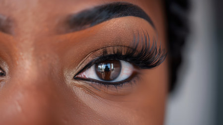 Close up photo of a African American womans eye with long lashes. beautiful eye with long, thick eyelashes and well-groomed eyebrow natural makeup and beauty.の写真素材