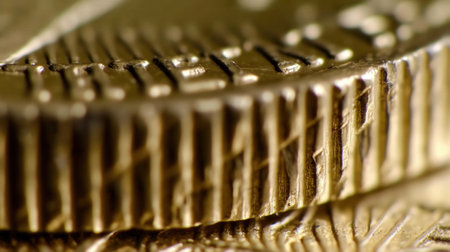 Coin edge, macro shot, clearly show the serrations on the coin edge. Close-up coins, metallic...