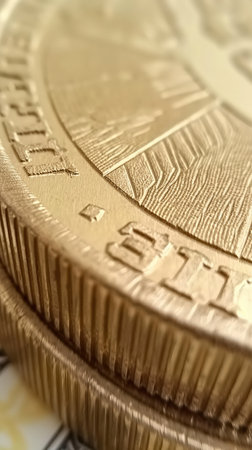Coin edge, macro shot, clearly show the serrations on the coin edge. Close-up coins, metallic...