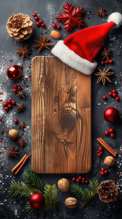 Christmas festive background with a wooden cutting board adorned with holiday decorations. Santa hat, candy, cinnamon sticks. seasonal greetings. Wooden cutting board surrounded by Christmas decorations. dark textured backgroundの写真素材
