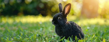 Cute black little bunny in grass with ears up looking away. Adorable black rabbit sitting on grassy...