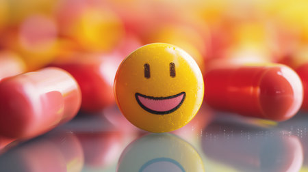 A vibrant mix of colorful pills with a cheerful yellow smiley face, ideal for health and wellness...