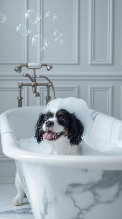 Cute Cavalier King Charles Spaniel in white bathtub with bubbles playful and happy. Adorable black and white puppy dog in white bathtub in luxurious bathroomの写真素材