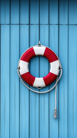 Bright red white lifebuoy hanging on blue wooden wall. nautical theme. concept of safety, security...