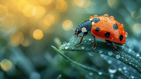 Close up of a ladybug covered in water droplets on a plant stem. ladybug on dewy leaf in warm sunlight. details, macro photographyの写真素材