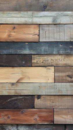 A close up of a wooden wall with various planks. Rustic wooden planks with various shades and textures create a natural, weathered background ideal for design or decoration projects.の写真素材