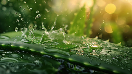 A leaf of aloe vera with water splashing up close. Close-up of water droplets falling from aloe vera leaf into clear water. Close-up of water splash, aloe vera leaf. splash in natural setting. Wellness, spa, nature concepts.の写真素材