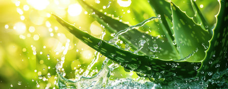 A leaf of aloe vera with water splashing up close. Close-up of water droplets falling from aloe vera leaf into clear water. Close-up of water splash, aloe vera leaf. splash in natural setting. Wellness, spa, nature concepts.の写真素材