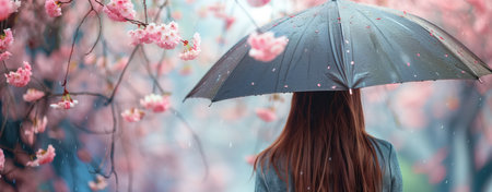Woman standing under blooming cherry blossoms holding umbrella. Woman under black umbrella. spring with falling petals. serene and picturesque scene. A woman standing in front of a spring blossom with umbrella. blooming cherry blossoms. calm serene peaceful, springtime. romantic ambiance.の写真素材