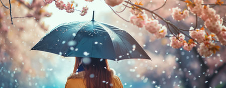 Woman standing under blooming cherry blossoms holding umbrella. Woman under black umbrella. spring with falling petals. serene and picturesque scene. A woman standing in front of a spring blossom with umbrella. blooming cherry blossoms. calm serene peaceful, springtime. romantic ambiance.の写真素材