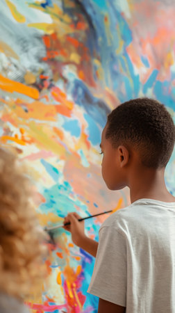 Closeup of African boy hand paint on canvas. drawing wall. Creative activity concept. Edification. Boy painting on canvas with vibrant colors in art class. creativity childhood activity education.の写真素材