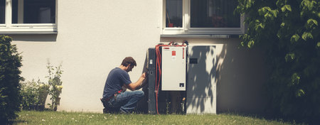Electrician installing wiring for electrical panel on exterior wall of house. professional technician working with equipment and tools. Professional maintenance, setup cables building wiring secure connection technician electrical work repair service engineering.の写真素材