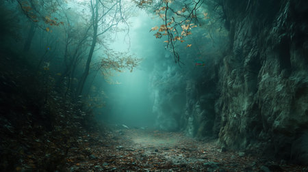 Misty forest path surrounded by tall trees and rocky cliffs on a foggy morning. mysterious and creepy atmosphereの写真素材