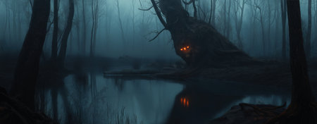 Eerie, misty forest at twilight with glowing eyes in tree in dark, still lake creating mysterious, haunting atmosphere. Halloween, fantasy, horror genresの写真素材