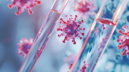Coronavirus test tube, sample In A Glass test Tube. Covid-19 medical test, lab examination. Close up view of viral particles in test tube. scientific research and virus analysis.の写真素材