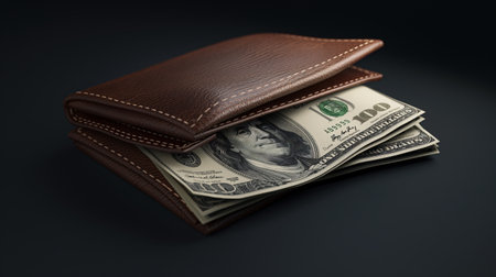 A leather wallet, overflowing with US dollar bills. Leather wallet filled with dollar bills against...