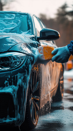 Car cleaning and washing with foam soap. Car being washed with soap. Close-up. luxury vehicle cleanliness thorough washing process with soap sudsの写真素材