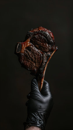 Chef's hand holding a steak, wearing a black glove. Closeup Hand wearing black glove holding grilled tomahawk steak on black background. Meat lovers, barbecue. Juicy, well-cooked meat with perfect sear, gourmet presentation, restaurant promotions.の写真素材