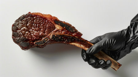 Chef's hand holding a steak, wearing a black glove. Closeup Hand wearing black glove holding grilled tomahawk steak on white background. Meat lovers, barbecue. Juicy, well-cooked meat with perfect sear, gourmet presentation, restaurant promotions.の写真素材