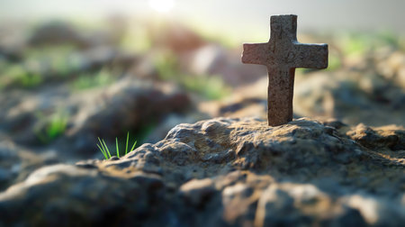 Christian elements. Religion. Cross standing on rocky ground with sunlight in background creating vibrant and serene atmosphere. Ancient stone cross. historical and spiritualの写真素材
