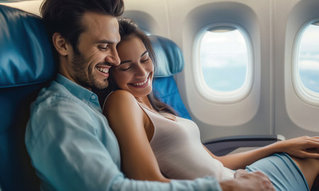 Couple together on airplane, embracing lovingly, relaxed, comfortable, peaceful, romantic, traveling together. Couple sharing tender moment on airplane cuddling seated together.の写真素材