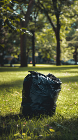 Dark waste sack on green lawn. Garbage bag lying on green grass. environmental pollution and waste...