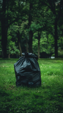 Dark waste sack on green lawn. Garbage bag lying on green grass. environmental pollution and waste...