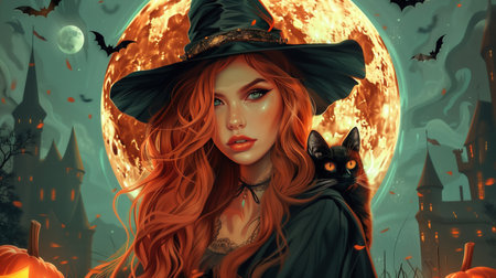 Portrait of beautiful witch with long red hair in hat, with her black cat. backdrop of an orange full moon surrounded by pumpkins, bats flying around, castle. Halloween. Enchanting red-haired witch under full moon with black cat and flying bats. eerie night sceneの写真素材