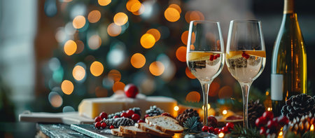 Festive holiday table setting with champagne glass, bottle, cheese, bread and grapes. Christmas lights in background creating cozy atmosphere. elegant dining arrangement. The concept of Christmas cooking.の写真素材