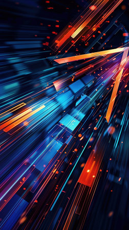 Bright neon arrows and dynamic lines symbolizing speed, direction. Vibrant colors and glowing...