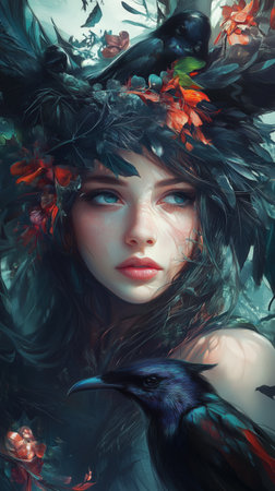 Illustration of mystical woman wearing headdress of dark feathers and vibrant flowers with bird. fantasy atmosphereの写真素材