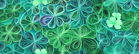 Intricate pattern of green clovers and swirls. St. Patrick s Day design. background pattern of...