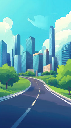 Road lead to city with skyscrapers. Cartoon illustration of town landscape with multistorey buildings, highway and green trees on sunny summer day. Speed freeway construction. Urban city skyline under a bright blue sky. concepts of urban planning, environmental sustainability, and travel inspiration.の写真素材
