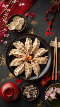 Top view of traditional Chinese Dumplings. Elegant Chinese dumplings on plate surrounded by traditional Asian decor. Cultural elements, festive atmosphere. celebrations and culinary presentations. Restaurant menu, food blogs. Asian cuisine. Chinese New Year.の写真素材
