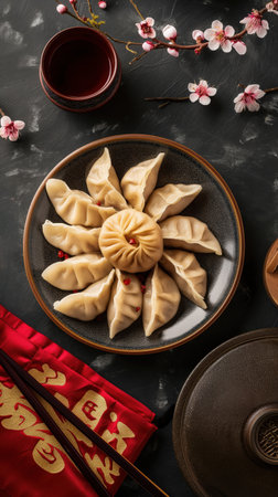 Top view of traditional Chinese Dumplings. Elegant Chinese dumplings on plate surrounded by...