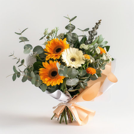 Vibrant bouquet with daisies, orange gerberas, and eucalyptus wrapped in paper. weddings celebrations gifts. Elegant floral bouquet. Special occasions. a commercial advertising for a web shop. Professional florist. the bouquet is standingの写真素材