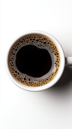 Cup of aromatic coffee on white background, top view. Close-up americano coffee cup filled with black coffee. hot espresso coffee with smooth crema. Freshly brewed coffee. The rich brown foam. coffee culture, caffeine, morning routines.の写真素材
