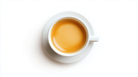 Cup of aromatic coffee on white background, top view. Close-up americano coffee cup filled with black coffee. hot espresso coffee with smooth crema. Freshly brewed coffee. The rich brown foam. coffee culture, caffeine, morning routines.の写真素材