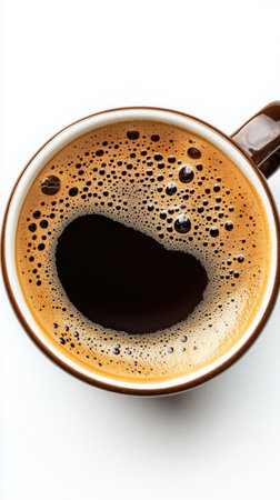 Cup of aromatic coffee on white background, top view. Close-up americano coffee cup filled with black coffee. hot espresso coffee with smooth crema. Freshly brewed coffee. The rich brown foam. coffee culture, caffeine, morning routines.の写真素材