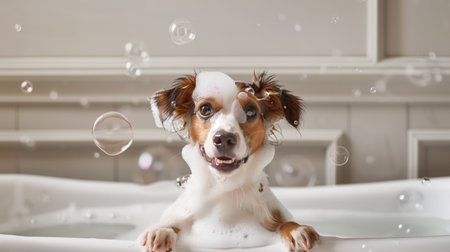 Playful dog in bubble-filled vintage bathtub. Cute pup enjoying bath time with soap bubbles and foam. white bathroom with classic decor. Cute dog taking bubble bath in classic white bathtub, surrounded by soap suds.の写真素材