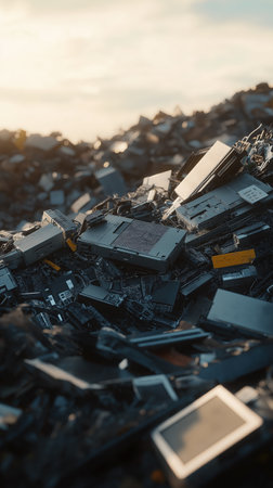Pile of electronic waste. Electronic waste landfill with discarded computer parts, circuit boards, and broken devices. Massive pile of discarded electronics. environmental issues and technology. disposal challenges. problem of e-waste management and recycling highlighting. A graveyard of obsolete technology. consumerism and digital innovation on nature.の写真素材