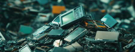 Pile of electronic waste. Electronic waste landfill with discarded computer parts, circuit boards, and broken devices. Massive pile of discarded electronics. environmental issues and technology. disposal challenges. problem of e-waste management and recycling highlighting. A graveyard of obsolete technology. consumerism and digital innovation on nature.の写真素材