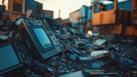 Pile of electronic waste. Electronic waste landfill with discarded computer parts, circuit boards, and broken devices. Massive pile of discarded electronics. environmental issues and technology. disposal challenges. problem of e-waste management and recycling highlighting. A graveyard of obsolete technology. consumerism and digital innovation on nature.の写真素材