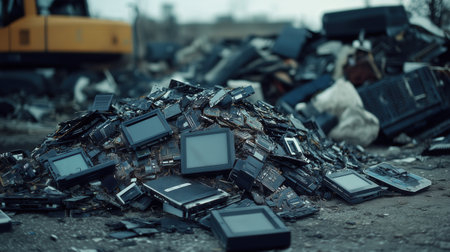 Pile of electronic waste. Electronic waste landfill with discarded computer parts, circuit boards,...