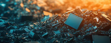 Pile of electronic waste. Electronic waste landfill with discarded computer parts, circuit boards, and broken devices. Massive pile of discarded electronics. environmental issues and technology. disposal challenges. problem of e-waste management and recycling highlighting. A graveyard of obsolete technology. consumerism and digital innovation on nature.の写真素材