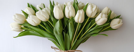 Elegant white tulip bouquet, tied with twine, white backdrop. Beautiful bouquet white tulips. gracefully arranged. natural elegance floral arrangement. Gift, weddings, spring seasons, romantic gesture, home decor, minimalistic style. fresh white tulips wrapped in natural twine arranged against white backgroundの写真素材