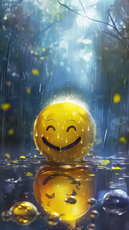 Happy yellow emoticon in heavy rain surrounded by water droplets. Bright yellow smiley face ball in rain, cheerful happiness and positivity. Yellow smiling emoticon ball in raindrops. positivity and happiness. Emoji in Rain. Yellow happy emoji.の写真素材